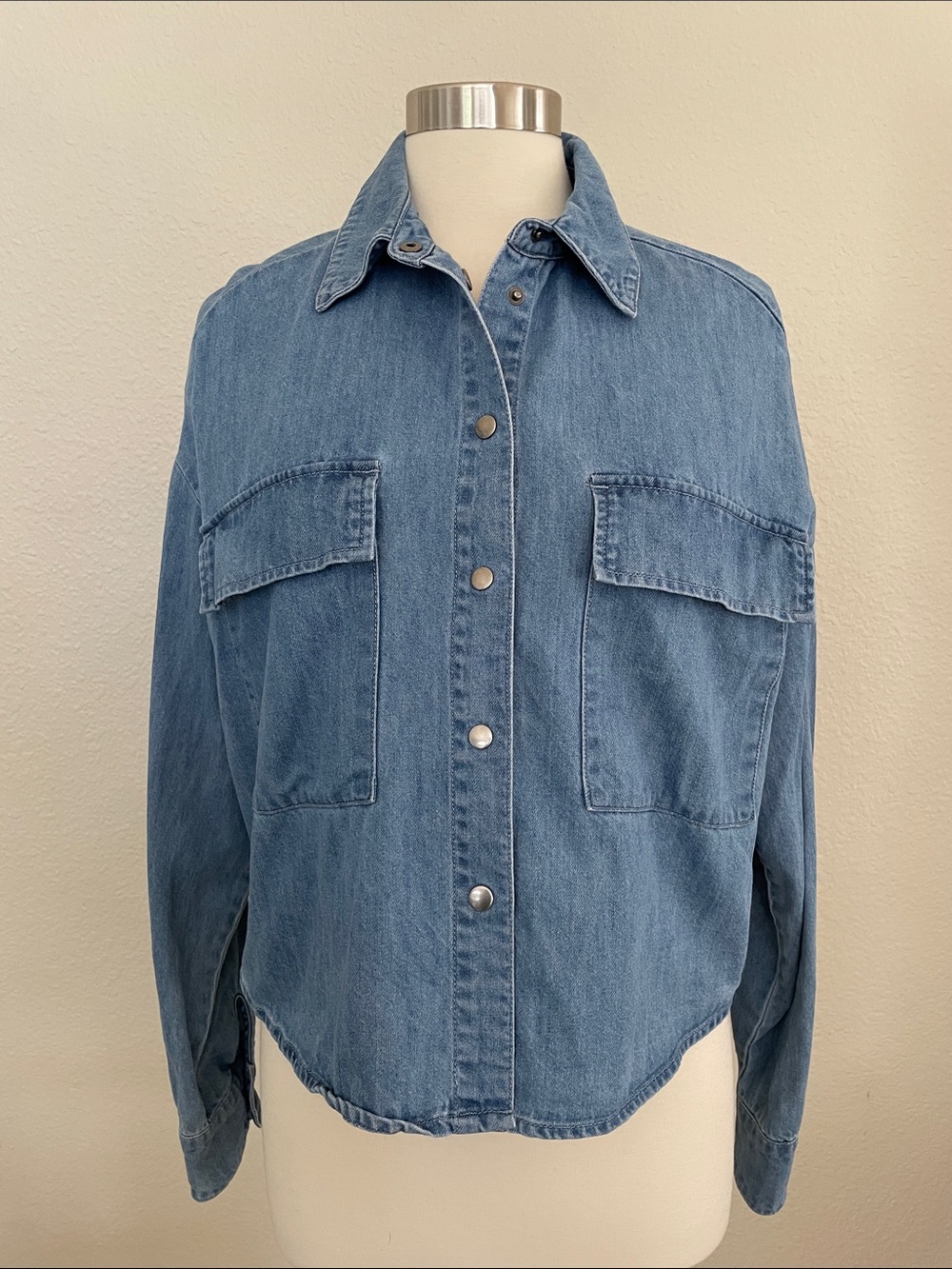Oversized Light Blue Denim Shacket with Flap Pocket